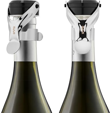 2 Stück OWO Weinverschluss & Sekverschluss 2 in 1 Flaschenverschluss Weinflaschenverschluss & Sektflaschenverschluß Edelstahl für Wien Schaumweine Champagner mit Silikon (Silber)
