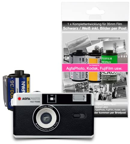 AgfaPhoto analoge 35mm 1/2 Format Foto Kamera im Set mit Schwarz/weiß Negativ Film + Batterie + Negativ + Bildentwicklung per Post