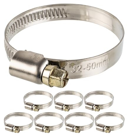 Schlauchschellen mit Schneckenantrieb, 8 Stück, Spannbereich Ø 32-50 mm, für 1 1/2 Schläuche, W2 Edelstahl, Kreuzschlitz SW 7, 9 mm Bandbreite, Fixierung von Waschmaschine, Spülmaschine Anschluss