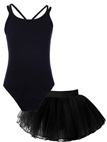 FEESHOW Balettkläder för barn, body, danströja med tutu, balett, danskjol, ballerina, kostym, balett, danskläder, set, A_svart, 158-164