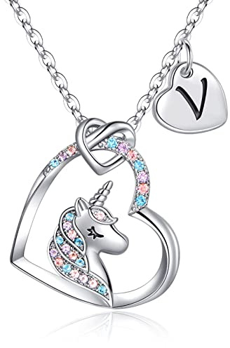 TINGN Unicornio Regalos para Niñas Collar de Oro Blanco, Chapado en Oro Blanco de 14 Quilates Cadena de Inicial V Unicornio Collares para Mujer Corazón Colgante Unicornio Collar Regalo para Niña