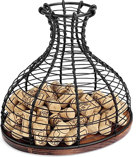 IEBIYO Wine Cork Container Wine Stopper Holder Black Wine Cork Storage with Wooden Bottom Cork Collector Cage Wine Lover Gift Kitchen Decor (Bronze Black)