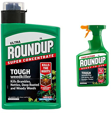 Roundup Tough Weedkiller, Concenrate, Makes up to 100 Litres, 1 Litre & Tough Weedkiller, Ready to Use, Spray, 1 Litre