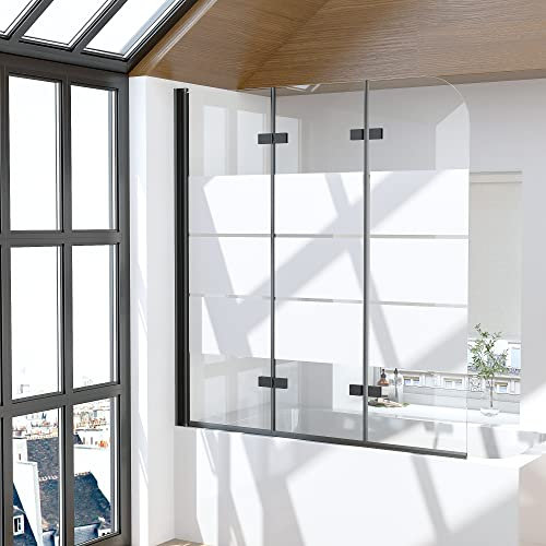 Duschwand für Badewanne 3-teilig 120x140cm Faltbar Schwarz Duschabtrennung, Gestreift Badewannenaufsatz Duschtrennwand 6mm EGS Sicherheitsglas Badewannenfaltwand Trennwand