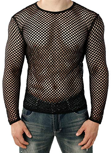 Skjorta för män, långärmad muskel, transparenta skjortor, fisknät, genomskinlig t-shirt, långärmad mesh, undertröja, sexig, nättopp, klubbkläder, män, nätskjorta med halv ärm, t-shirt, svart, M