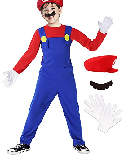 ALANTOP Superbröder kostym barn, 4 st outfit-kostym, Luigi-keps, byxor och handskar, karneval halloween jumpsuit cosplay kostym dekoration för pojke flicka