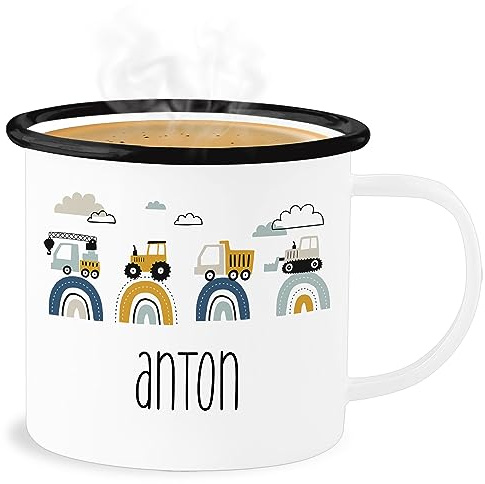 Emaille Becher Blechbecher - Baustelle I Traktor I Bagger I Kran I Kipper I LKW I Planierraupe - 300 ml - Weiß Schwarz - personalisierte tasse kita traktoren traktor, trinkbecher kindertasse junge