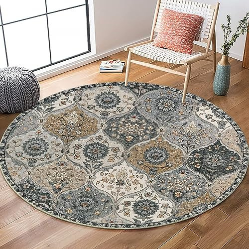 Nyescasa Runder Teppich Vintage Boho Waschbar Baumwollteppich Mandala Bedruckt Wohnzimmerteppich Rund 120cm Flauschig Modern Teppich für Schlafzimmer Wohnzimmer Esszimmer Küche Innen