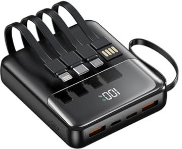 Powerbank mit Kabel, 22,5W Schnelles Aufladen, 10000mAh Externer Akku Mini Kompakte Fast Charging Tragbares Ladegerät USB C LED Display Handyakkus für iPhone, Huawei,Xiaomi,Samsung usw (Black)