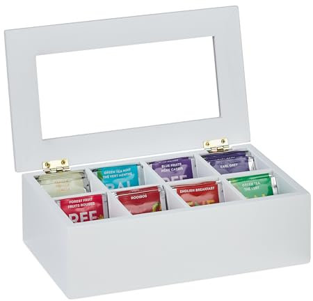 Relaxdays Scatola Porta tè e Tisane, 8 Scomparti per Capsule caffè, Cofanetto con Coperchio, 9x28x16 cm, bambù, Bianco
