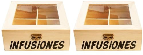 Acan Tradineur - Pack de 2 Cajas de Madera infusiones con 4 Compartimentos 6.4 x 15.8 x 14 cm. Caja, Cofre para Decorar con Tapa, almacenaje té, café