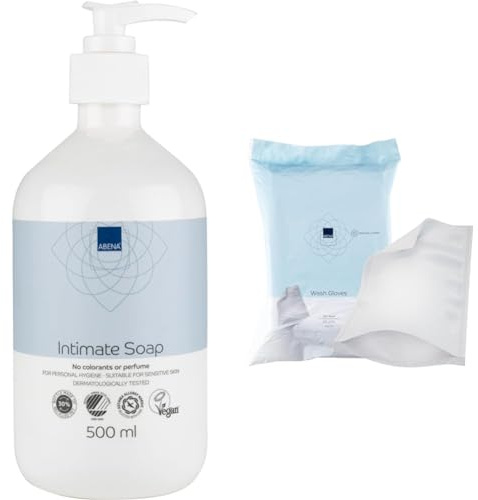 Bundle of Intimate Soap 500ml + Abena Wash Gloves | Dermatologically Tested | Suitable for Sensitive Skin | Fragrance Free | Colourant Free