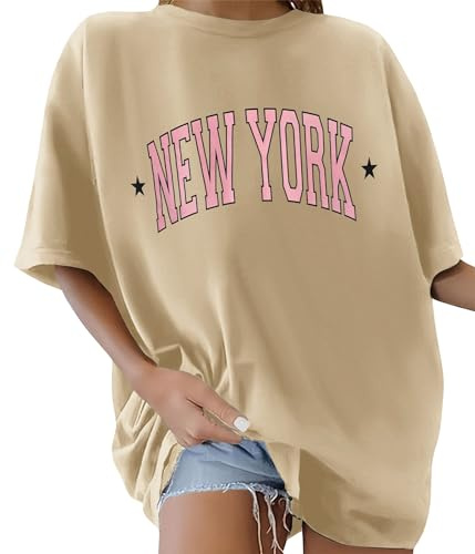 Lonya T-shirt för dam med rund hals i 100 % bomull, kortärmade t-shirts med breda axlar, somrig, ledig, överdimensionerad, med tryck, L