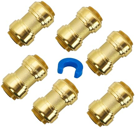 Z 3/4 inch Push Fit Coupling Fittings, 6-Pack No Lead Brass Plumbing Fittings, Push to Connect for PEX, Copper, CPVC Pipes, with Disconnect Clip for Easy DIY & Professional Repair