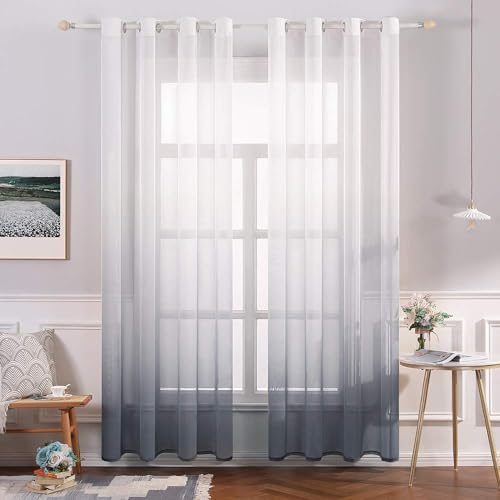 MIULEE Gardinen Transparent Vorhänge Farbverlauf Voile Sheer 2er Set Vorhang mit Ösen Dekoschal Fensterschal für Schlafzimmer und Wohnzimmer 137 cm x 140 cm(H x B) Weiß Grau