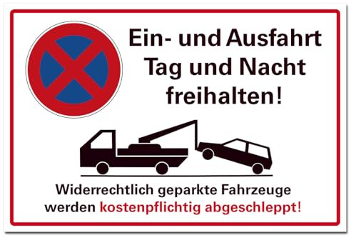Parkplatz – Halteverbot Schild Ein- und Ausfahrt Tag und Nacht freihalten Hinweisschild, Hartschaum, 30x20 cm