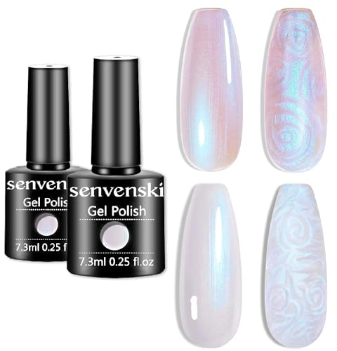 Senvenski Perle Gel Nagellack, Weiß Rosa Opal Meerjungfrau Nagellack Aurora Shell Glänzend Glitzer Schimmer Holographisch Gift Set UV LED Art Varnish Kit (CS2-012)