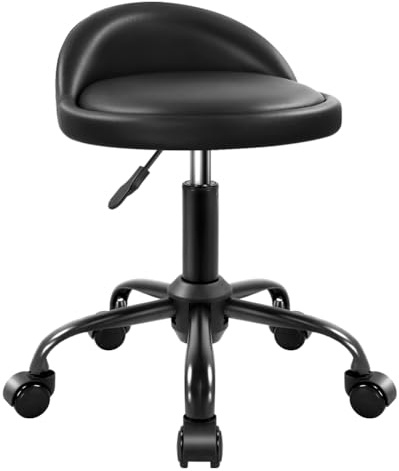 KKTONER Taburete rodante con Respaldo, Altura Ajustable, Silla Redonda con Ruedas, Giratorio, para Trabajo de Dibujo, taburetes de Piel sintética, tamaño pequeño (Negro)