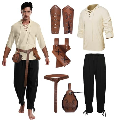 PORJDN Herren Mittelalter Wikinger Piraten Kostüm Set | Mittelalter Ritter Piraten Zubehör Set, Armschützer, Gürtel, Goldmünzenbeutel und Schwertscheide für Halloween Karnev