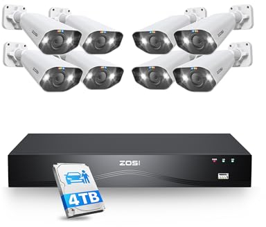 ZOSI 4K Kit Cámaras de Vigilancia PoE 16CH 8MP Grabador NVR(Ampliable a 32CH) 4TB HDD con 8pcs Cámara Seguridad Exterior, Detección de Persona/Vehículo, Visión Nocturna Color, Alarma de Sirena y Luz