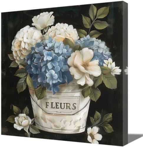 ZQQART Farbenfrohe Pfingstrosen Wandbilder auf Leinwand blühende Hortensien in einer Vase Bild mit botanischem Bauernhaus Thema für die Wanddekoration zu Hause (Schwarz,40x40cm)