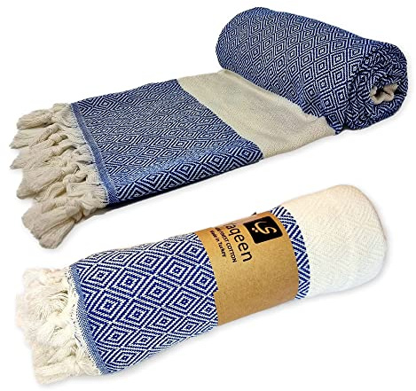 Yaqeen 2x Beach Towel Turkish Peshtemal Hammam Bath Certified Oekotex Cotton Hamam Bath Sauna Gym Pool XXL Blanket Picnic Diamond Wave Yoga Beach Ultrathin Quick Dry set of 2 Towels 180x90cm (Blue)