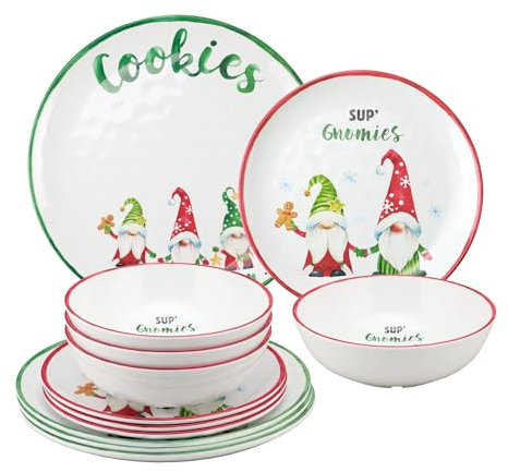 UP ware - Set di stoviglie da 12 pezzi in melamina con gnomi, set di piatti e ciotole, decorazioni natalizie, servizio per 4, bianco