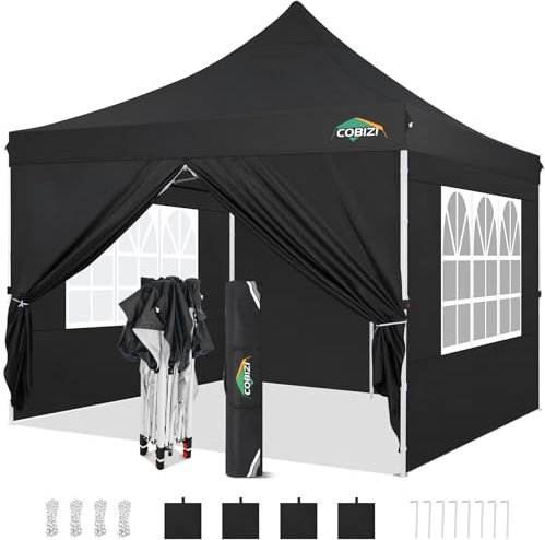 COBIZI Faltpavillon 3x3, Pavillon 3x3 Wasserdicht Stabil Winterfest, Faltbar Partyzelt mit 4 Seitenwänden & 4 Sandsack Pop up Gartenpavillon UV-Schutz 50+ für Hochzeiten, Freien, Schwarz