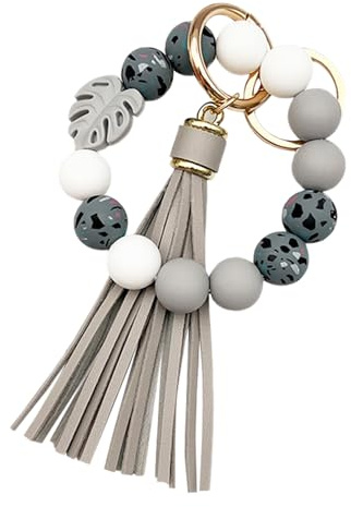 Silikon-Perlen-Schlüsselanhänger, Armband für Frauen, Mädchen, Hausschlüssel, mit Lederquaste, Monstera-Charm, GRAU, Small
