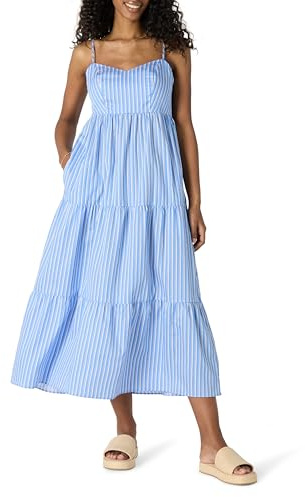 Amazon Essentials Vestido Largo Entallado y Escote Corazón con Vuelo con Capas de Satén de Algodón con Cintura de Corte Imperio Mujer, Azul Blanco Rayas, L