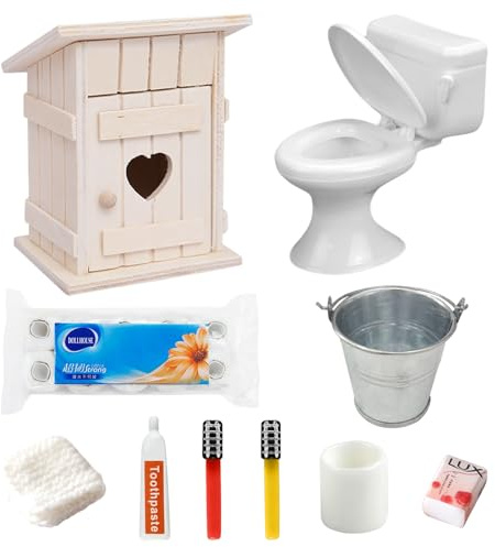 Shinybox 10 Stück Miniatur Puppenhaus Zubehör, Miniatur Toilettenhäuschen, Toilette, 6 Stück Badezimmer Zubehör, 10 Rollen Toilettenpapier und Eimer, Miniatur Zubehör Badezimmer, DIY Dekor Geschenk