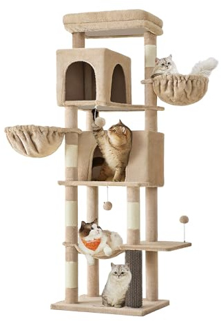 Feandrea Árbol Grande para Gatos, Torre para Arañar de 175 cm de Altura, Multinivel con 2 Cuevas, 2 Cestas, 5 Rascadores, Alfombra, Plataforma, Hamaca, Marrón Camello PCT182K01