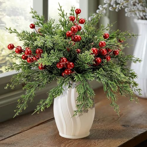 Generisch 45 Stück Künstliche Kiefer Zweige Rot Beerenstängel Weihnachten Tannenzweige Künstliche Kiefernzweig Norfolk-Tannenzweige Weihnachts Glitzer Blume Beeren Stiele Für DI Y Urlaub Handwerk