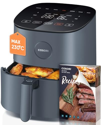 Cosori Freidora de Aire Duradera de 4,7 L, 9 Modos, Máx 230 °C, Silenciosa | Pantalla Táctil, 30+ Recetas en Español, 9 Programas, Diseño Moderno y Elegante, Gris, L501