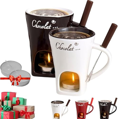 Juego de tazas de fondue con luz de té, taza de fondue de chocolate, taza de fondue de chocolate con tenedor, taza de fondue de chocolate para queso, caramelo, regalos de cumpleaños y boda (2