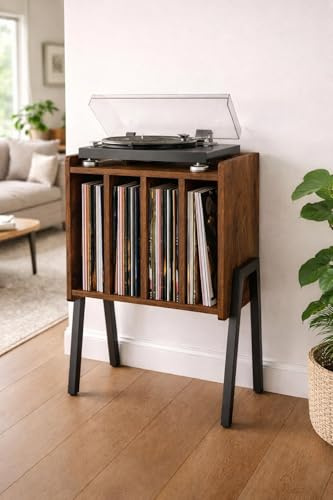 ACAZA Vinylmöbel Plattenspielertisch – Ständer für Plattenspieler und Schallplatten mit 4 Fächern – 40 x 30 x 66cm – Holz und Metall – (Vintage Braun)