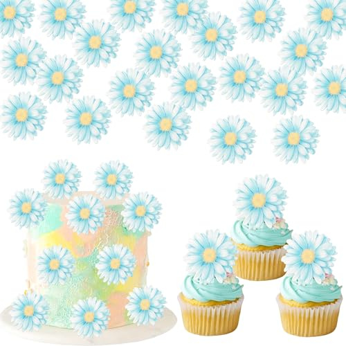 Xsstarmi 60 Pack Edible Blue Daisy Cupcake Toppers Rice Paper Chrysanthemum Chamomile Cupcake Picks for Spring Summer Baby Shower Wedding Birthday Party Cake Decorations Supplies