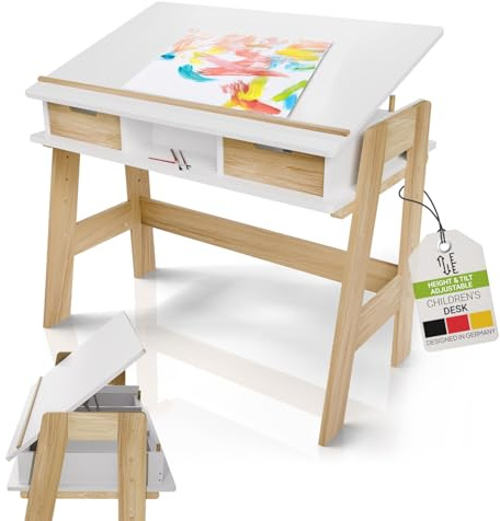 Juskys Kinderschreibtisch Fietje Plus - Neigungs- & höhenverstellbarer Schreibtisch für Kinder - aus Holz, 2 Schubladen, Stauraum - Lerntisch in Weiß