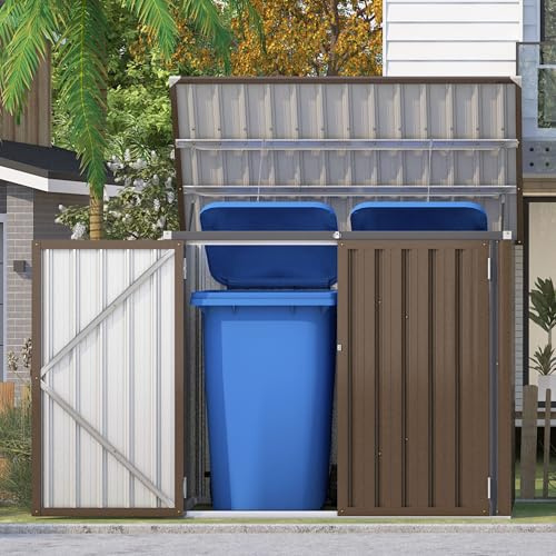 YODOLLA Galvanised Steel Garden Storage Box Waterproof Outdoor Bin Shed Compact 2-Door Tool Organiser for Outside Trash Can Storage