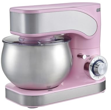 DMS® Küchenmaschine, 1600 Watt, 6L Edelstahlschüssel, 6 Geschwindigkeiten, Knethaken, Rührbesen, Schneebesen, Spritzschutz, Teigmaschine, Rührmaschine, Knetmaschine, leistungsstark, KM-1600 (Rosa)