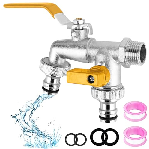 Doppio rubinetto da giardino, rubinetto in ottone da 1/2 pollici, rubinetto esterno con rubinetto in ottone da 1/2 e uscita doppia da 2 x 3/4, per giardino e industria domestica (giallo)