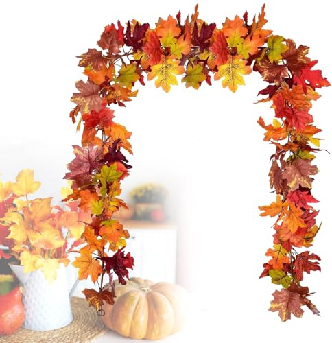 Guirlande d'automne Feuilles d'érable, Paquet de 2 guirlandes d'automne artificielles Feuille d'érable 1,8 m/pièce décoration d'automne Automne