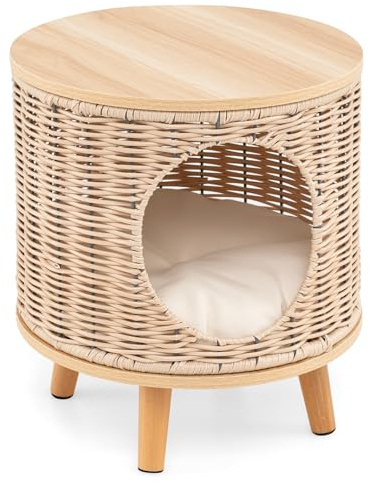 GYMAX 3-in-1 Katzenhöhle aus Rattan, Katzenhaus mit Hevea-Holzfüßen, Abnehmbarem Kissen für Katzen bis 30 kg, Umwandelbares Katzenbett in Hocker/Pouf, Ø36 x 41 cm