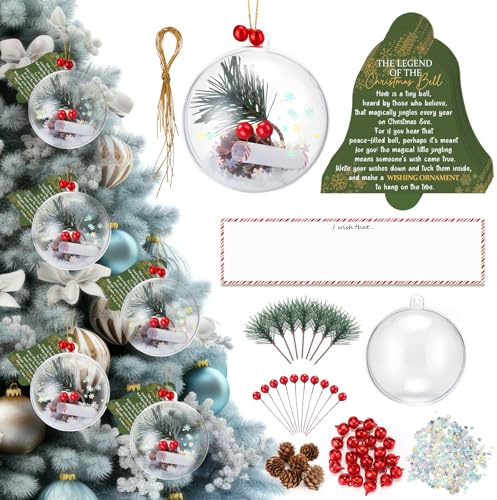 Suncalla 12 Sets DIY Christmas Ornaments Making Kit 3.15 Inch Clear Fillable Ornament Balls for Crafts with Wishing Cards Bell Berry Pine Cone Glitter Decorating Kit for Xmas Tree Home Decor Party