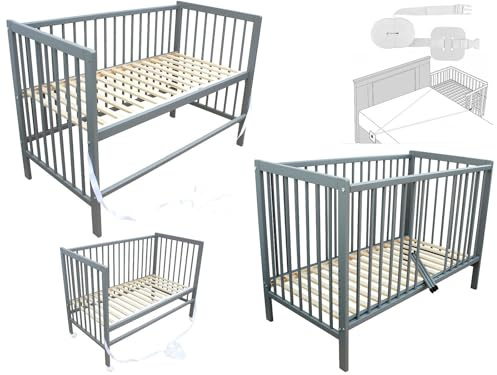 Micoland Kinderbett - Beistellbett - Babybett 120x60 cm umbaubares Bett mit Gurt und Rädern (Grau)
