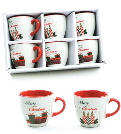 Generico Set 6 Tazze da Caffè Natalizie 100 ml – Ceramica Bianca e Rossa “Merry Christmas”