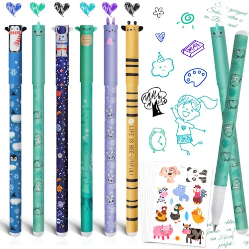 KufaerBeam 6er Radierbare Gelstifte Set, mit 8 Stück Tieraufkleber, Gelstifte Radierbar mit Tiermotiven und Astronauten-Designs, Ideal als Geschenk zu Ostern & Einschulung, für Schule