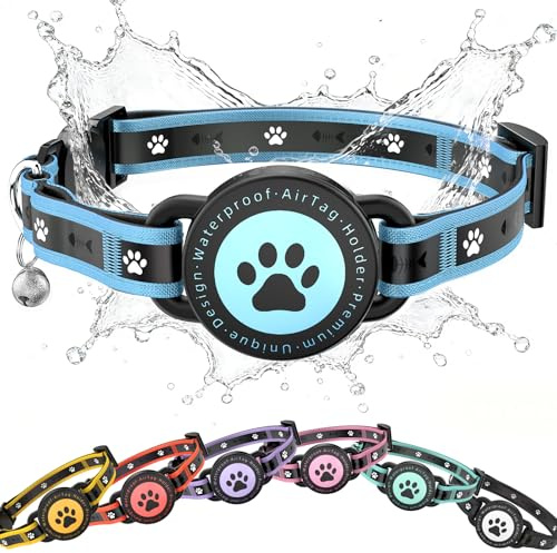 JIARUI Airtag Katzenhalsband mit Sicherheitsverschluss & AirTag Halter | Reflektierend Katzenhalsband und Glocke, Bequeme Polsterung & Verstellbar Wasserdicht Kätzchenhalsban (Blue, 9.3-13)