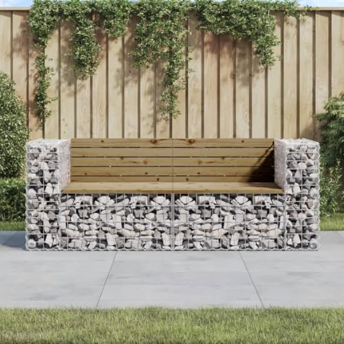JHQHSM Garden Bench Gabion Design 184x71x65.5 cm Impregnated Wood Pine, Set of 2 Benches, Sturdy Galvanized Steel Basket Base for Outdoor Seating Space, Durable Pressure-Treated