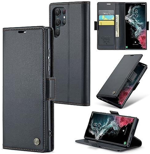 Idhiem Leder Handyhülle Klappbar für Samsung Galaxy S22 Ultra, Schwarz | Premium PU Leder, Klappbar Hülle, RFID Blockierung, Magnetverschluss, Kartenfach Standfunktion, Klapphülle Schutzhülle